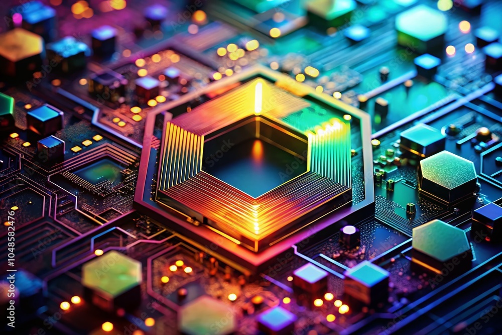 Poster colorful abstract circuit board with hexagon grid pattern in tilt-shift photography style