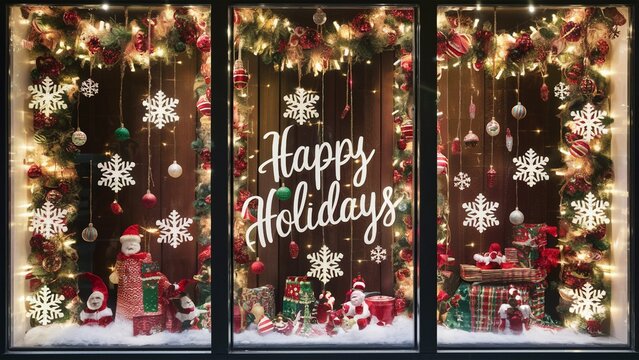 Holiday-themed storefront window with festive decorations and lights
