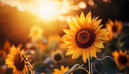 Fototapeta premium Sunflower field, vibrant colors, lush scenery, serene environment, inviting