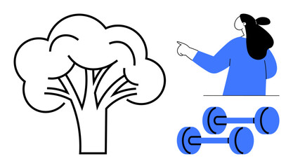 Woman in blue pointing to a black tree outline with two dumbbells below emphasizes fitness, health, and nature. Ideal for fitness, health, environment, lifestyle, wellness