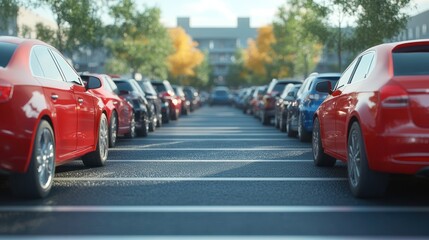 Car parked at outdoor parking lot. Used car for sale and rental service. Car insurance background. Automobile parking area. Car dealership and dealer agent concept. Automotive industry.
