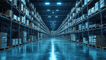 Fototapeta premium Vast Industrial Warehouse with High Stacked Shelves