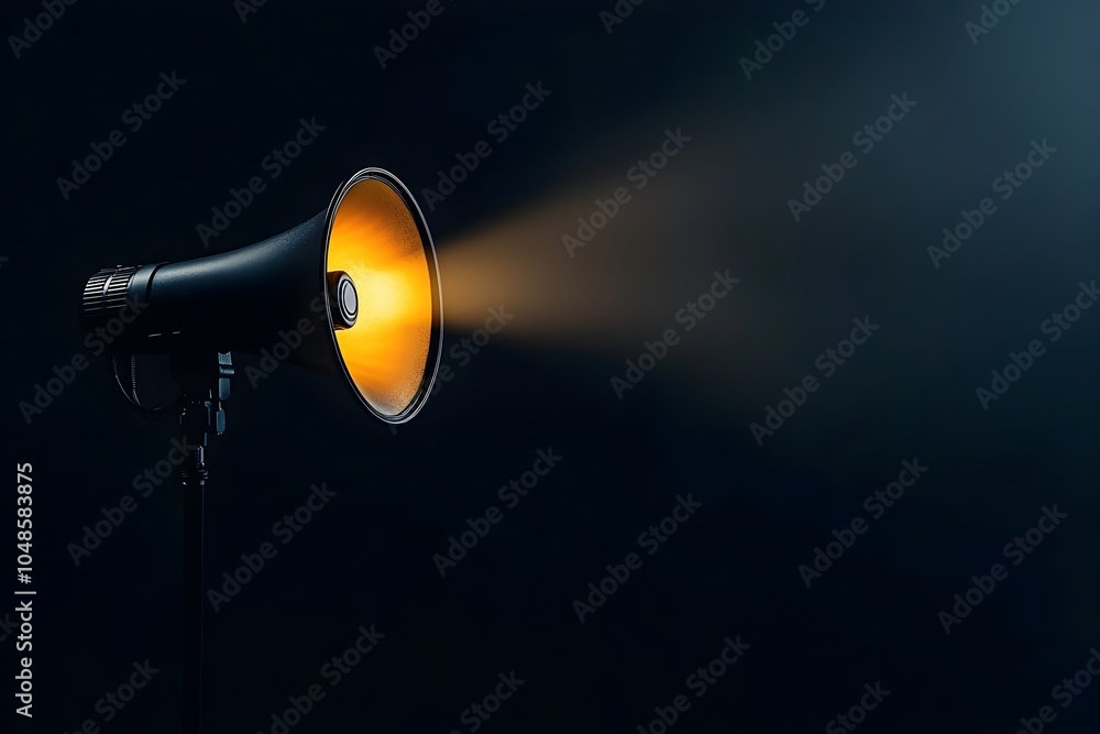 Poster megaphone emitting light instead of sound illuminating a dark room symbolizing the enlightening powe