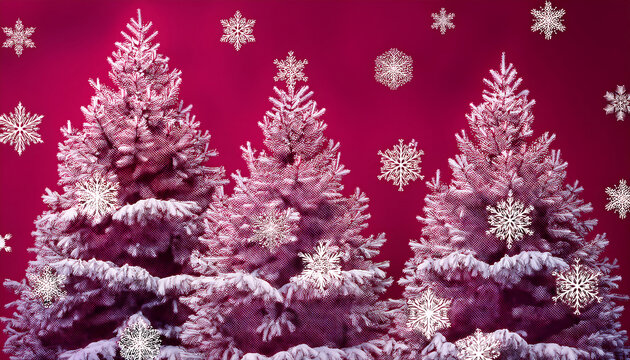 Snowflakes cover Christmas trees in a pattern of white against deep crimson colors. _1(544)