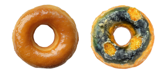 Pack of Fresh and Moldy Fungus Donut set against transparent background