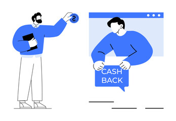 One person holds a dollar sign while another gives a CASH BACK message inside a browser window. Ideal for marketing, online shopping, customer rewards, e-commerce, financial services. Simple modern