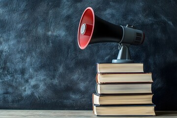 Megaphone Atop Books Symbolizes Knowledge and Empowerment in Education and Communication