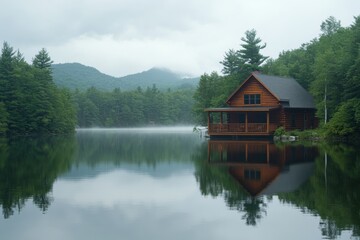 Obraz premium A serene log cabin nestled by a calm lake, surrounded by a misty forest and mountain landscape, creating a peaceful, nature-focused escape.