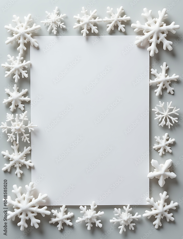 Poster Snowflake frame with a flat gray background for a Christmas flat lay featuring winter and New Year themes in a simple design setting.