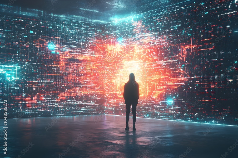 Aufkleber silhouetted figure standing before futuristic quantum computing visualization