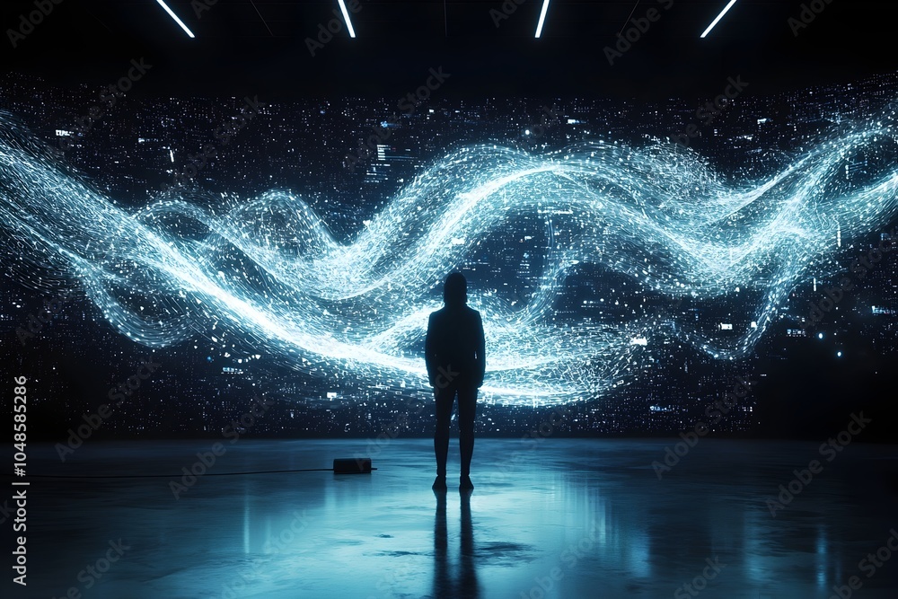 Poster person stands before futuristic holographic quantum computer with swirling algorithms