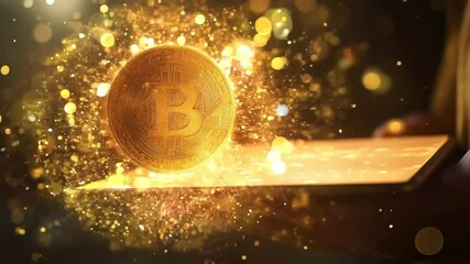Bitcoin Rising: A golden Bitcoin coin bursts forth from a glowing tablet, symbolizing the digital currency's potential and future.