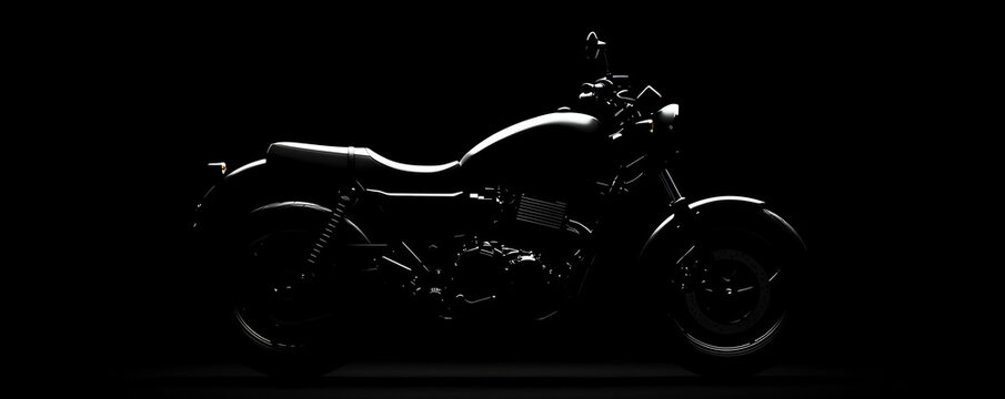Silhouette of a motorcycle with chrome details, black studio background, tough and sleek