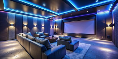 Naklejka premium Contemporary Home Cinema with Tiered Seating and Projector Screen in Silhouette Style