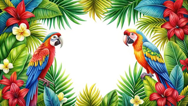 Tropical flowers and leaves frame with macaw parrots