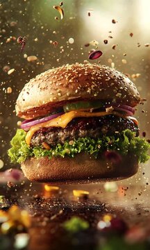 Delicious hamburger, floating in the air, cinematic mood, food professional video background, studio lighting, studio background, advertising photography, vertical video background.