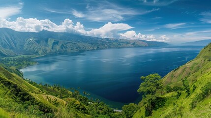 Obraz premium Mountainous Landscape with a Serene Lake and Lush Green Foliage