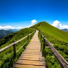 Serene Mountain Path with Wooden Handrails Leading to a Lush Green Peak under a Clear Blue Sky