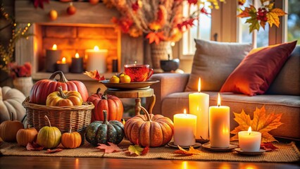 Cozy Autumn Living Room with Flickering Candles, Pumpkins, and Leaves for Fall Decor