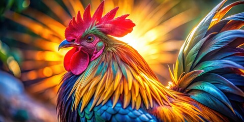 Fototapeta premium A rooster's vibrant plumage shimmers with iridescent hues, bathed in a warm golden light that illuminates its majestic presence.