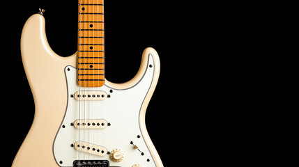 Naklejka premium Electric guitar closeup with strings, black studio background, rock and roll essence