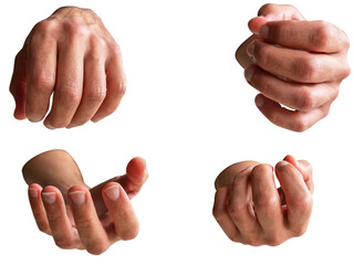 Loosely clenched fist with palms, fingers and nails in different positions front view isolated on white