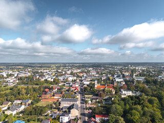 Obraz premium Summer aerial skyline cityscape of Zduńska Wola, Łódzkie, Poland. Wide panoramic view