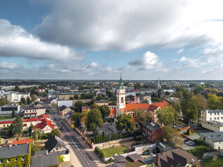 Summer aerial skyline cityscape of Zduńska Wola, Łódzkie, Poland. Wide panoramic view