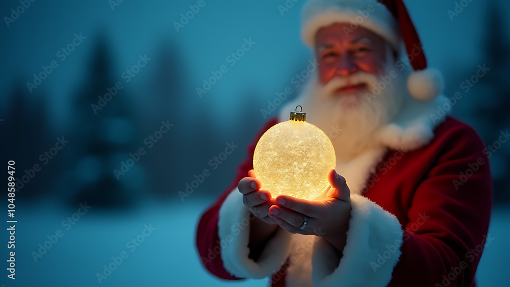 Poster Santa holds a glowing Christmas ball in front of a defocused blue background with empty white space around it.