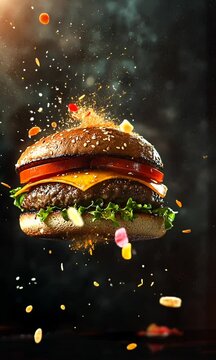 Delicious hamburger, floating in the air, cinematic mood, food professional video background, studio lighting, studio background, advertising photography, vertical video background.