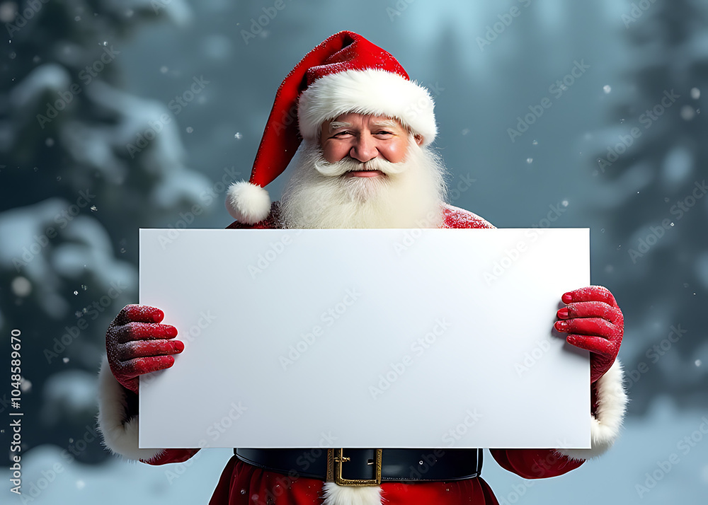 Poster Santa holds a blank advertising banner with empty copy space behind him in snowy scene.