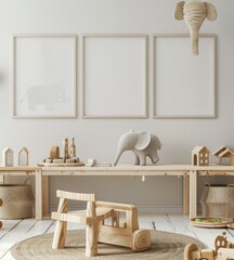 「白い壁に空白のポスターフレームのモックアップ。木製家具、おもちゃ、ニュートラルカラー」