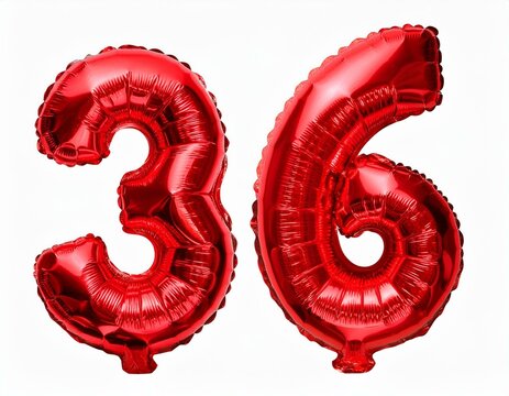 数字の36の形の赤い風船（Number 36 red foil balloon on white background）
