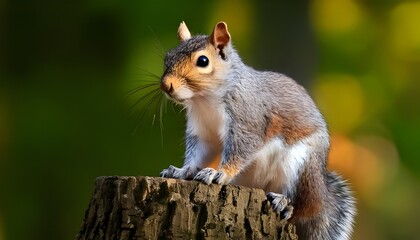Fototapeta premium Curious Eastern Gray Squirrel Perched on a Tree Stump