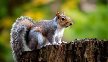 Obraz premium Curious Eastern Gray Squirrel Perched on a Tree Stump