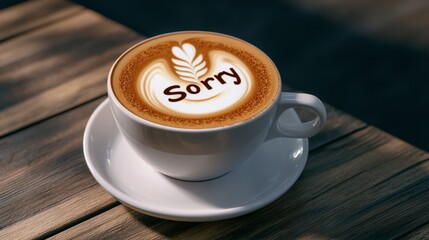 Apology with Style: Latte Art "Sorry" Message on Coffee Foam in Sunlit Outdoor Cafe