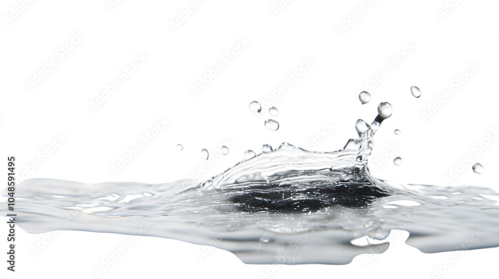 Poster water droplets splash and create ripples on a smooth surface in a close-up view, isolated on white b