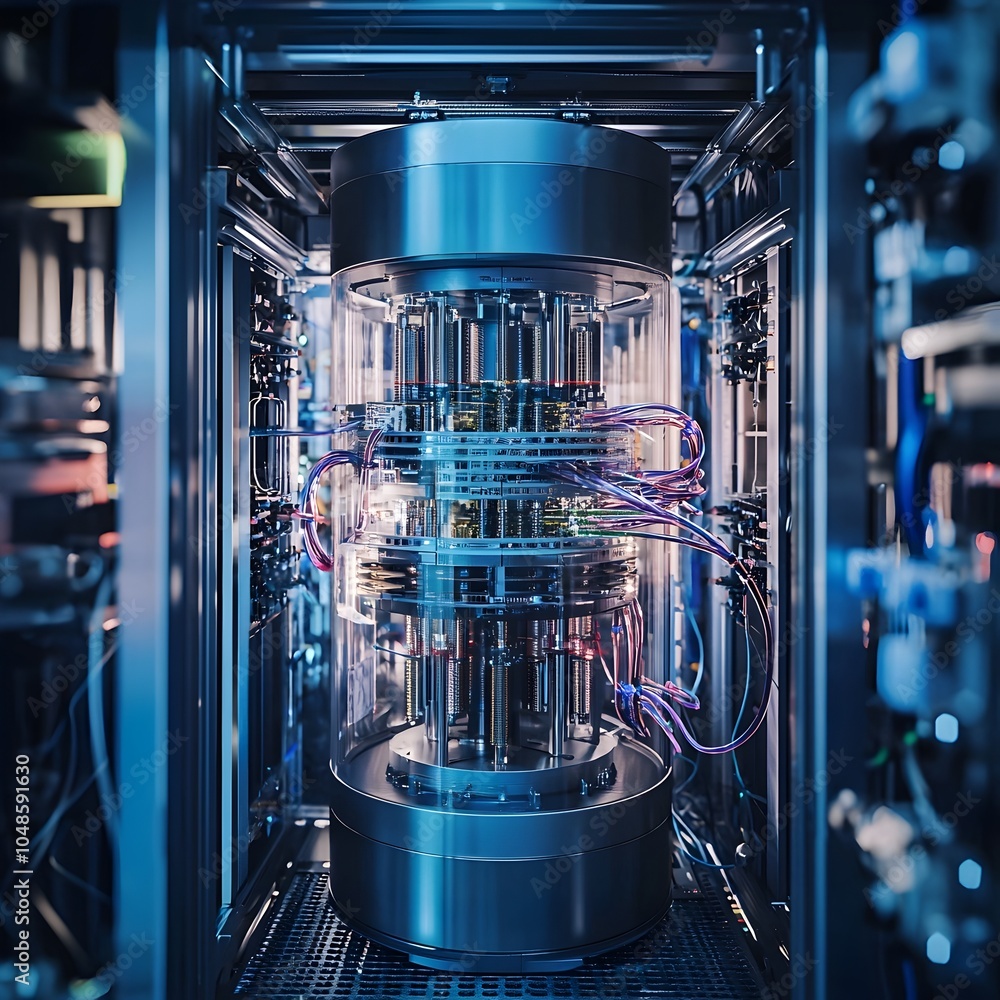 Poster cutting edge quantum computer surrounded by cryogenic systems inside an advanced high tech laborator