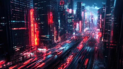 Fototapeta premium Rainy cyberpunk city with neon lights.