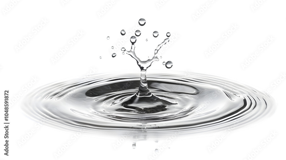 Poster water droplets splash and create ripples on a smooth surface in a close-up view, isolated on white b