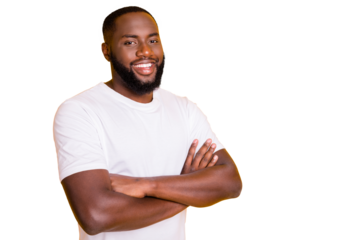 Photo of friendly afro american man standing in front of camera with his hands crossed while isolated with vivid background