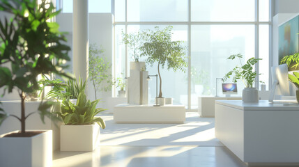 Fototapeta premium Bright open-plan workspace featuring modular white desks, indoor plants in simple pots, and floor-to-ceiling windows for natural light, fostering a calming, minimalist environment.