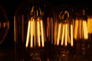 Light bulbs with big yellow filaments inside in vintage style