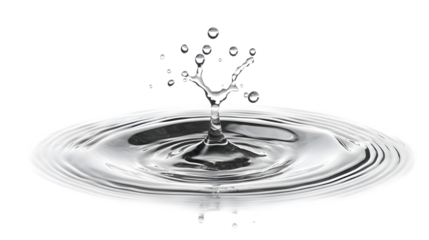 Water droplets splash and create ripples on a smooth surface in a close-up view, isolated on white background