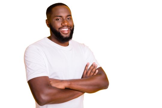 Photo of friendly afro american man standing in front of camera with his hands crossed while isolated with vivid background