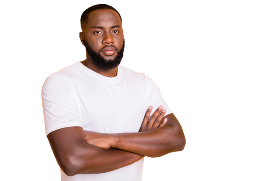 Photo of dark skin chief guy strictly looking on colleagues wear casual outfit isolated yellow background