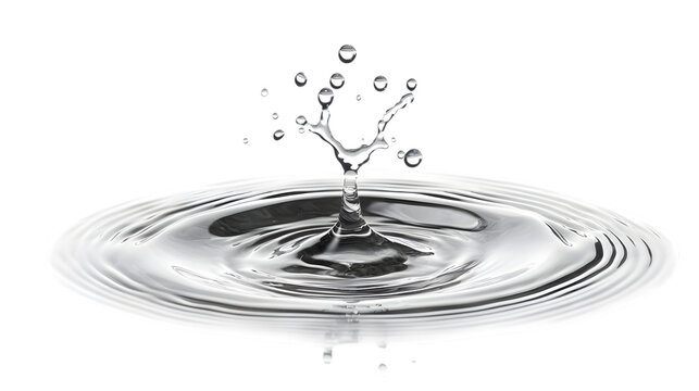 Water droplets splash and create ripples on a smooth surface in a close-up view, isolated on white background - Powered by Adobe