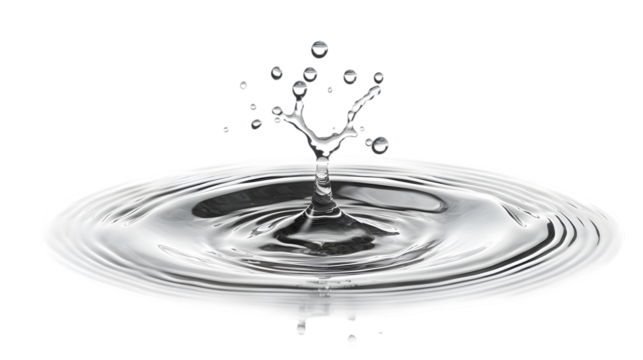 Water droplets splash and create ripples on a smooth surface in a close-up view, isolated on white background