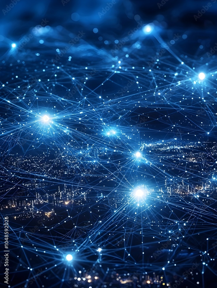 Poster quantum cloud computing network with connected qubits across cities symbolizing global reach of quan