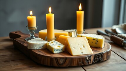 A rustic wooden board, a haven for various cheeses, bathed in the warm glow of flickering candles, a simple yet inviting scene.